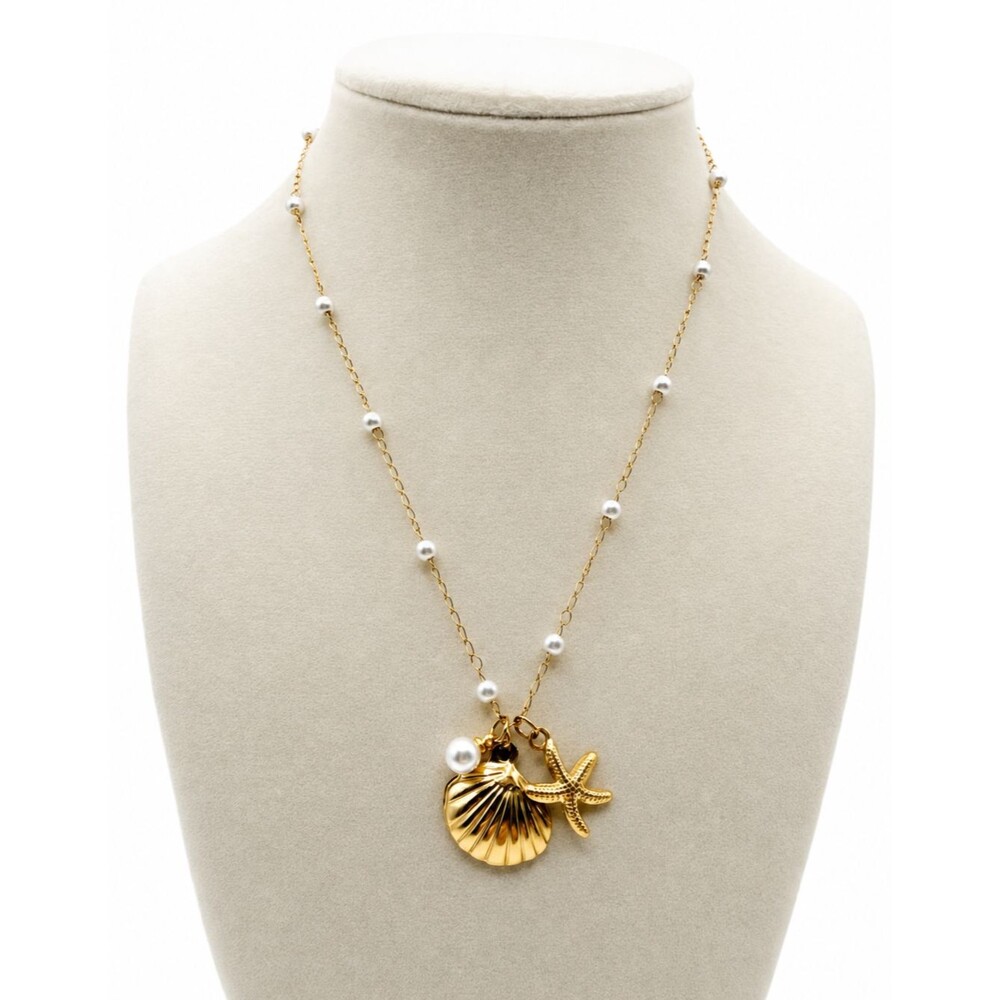 18K Gold Plated Starfish Shell Pearl Charm Necklace Stainless Steel Coastal NWT